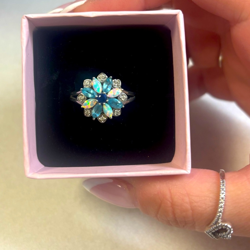 Blue and Silver Floral Ring with Opal